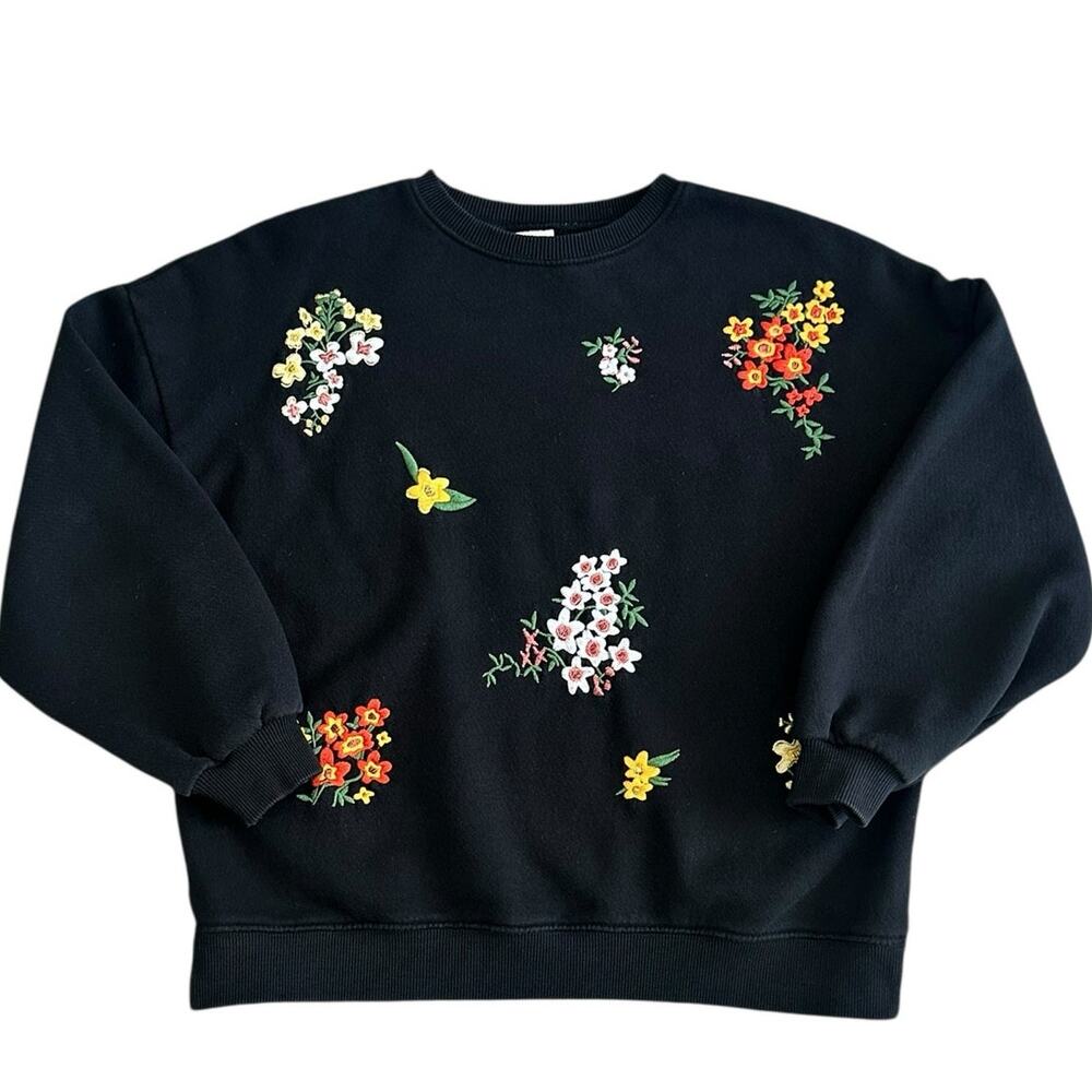 ZARA Girls Black Sweatshirt with Embroidered Flowers Size 11-12y